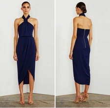 Shona Joy Core Knot Halter Neck Navy Blue Cocktail Party Midi Dress Size 6 Small
