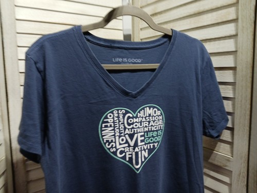 Life Is Good Womens Shirt Size L Blue Heart Graphic Short Sleeve V Neck Crusher - Picture 2 of 12