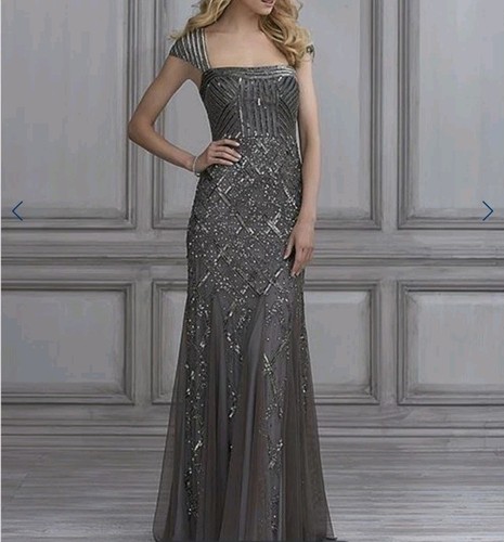 Adrianna Papell Hand Beaded Embellished Godet Gown Dress Platinum Gray Size 2