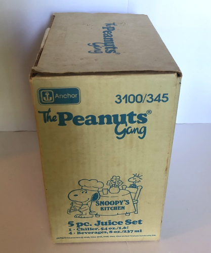 Vintage Peanuts Snoopy 5 Pc Juice Set Carafe + Lid 4 Glasses Anchor Hocking 1966 - Picture 13 of 13