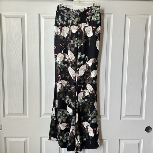New Zara Crane Bird Print Wide Leg Flared Pants Large - Bild 2 von 11