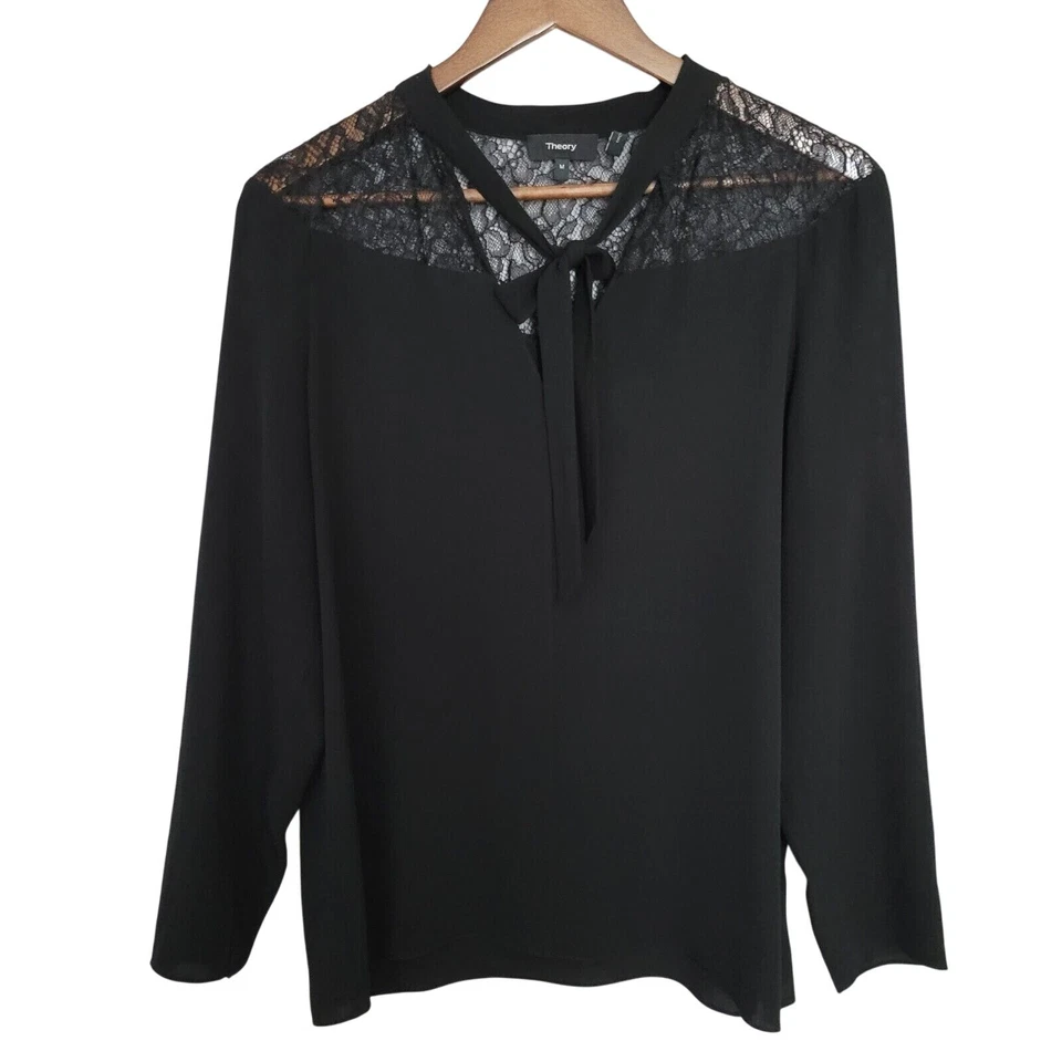 Blusa Theory 100 % seda encaje cuello York corbata para mujer talla M negra clásica elegante