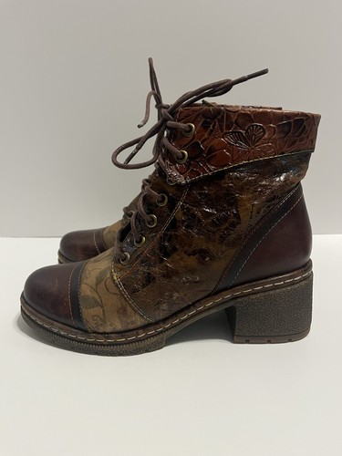 L'Artiste 37 7 Spring Step Leather Lace-Up Boots Fallinluv Brown Flower Teal