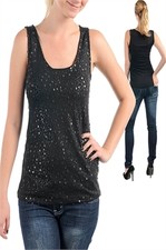 New Sleeveless Black Stretch Sequin Front Fabulous Tank Top Shirt S/M/L