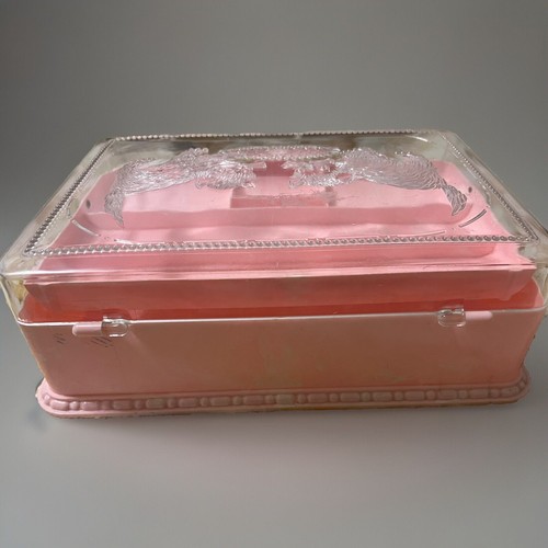 1950s Homer Mfg Clear Lid With Cats Playing, Light Pink Marble Sewing Box - Picture 3 of 6