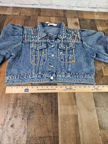 Women Denim Jacket Coat Pearls Colored Beaded Crystal Rhinestone Size L/XL - Picture 3 of 6