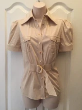 BEBE Womens Snap Front Belted Tan With Gold Accent Top Size M Medium