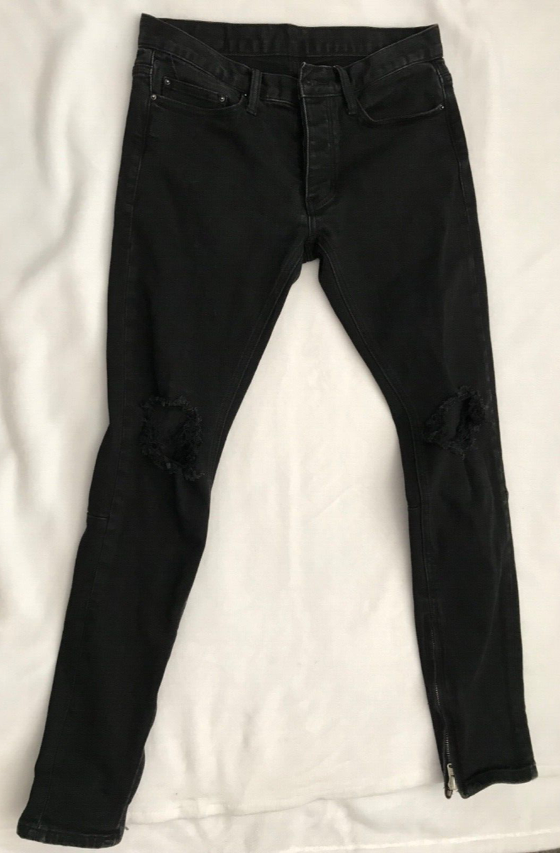 MNML SZ 29 BUTTON FLY ANKLE ZIP DISTRESSED TAPERED LEGS BLACK