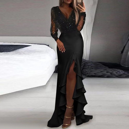 Women Sexy Sequin Long Maxi Dress Mesh Long Sleeve Evening Party Ruffle Dress - Picture 4 of 10