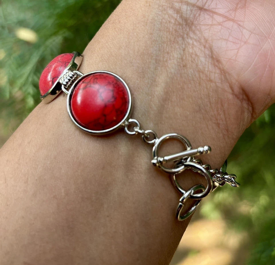 White Gold Plated Bracelet Bangle Jewelry, German Silver, Red Howlite, 6.5 inch - Image 2 of 4