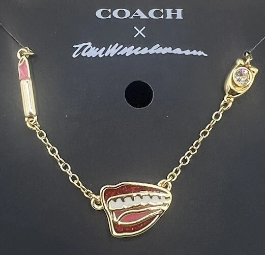 Collana con ciondolo labbra e rossetto Coach X Tom Wesselmann designer 16” + 2” NUOVA