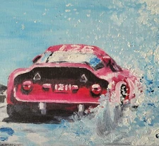 Amateur Artist- Red Sports Cart Spin Out 12x9 Artists Board Vintage Painting DH