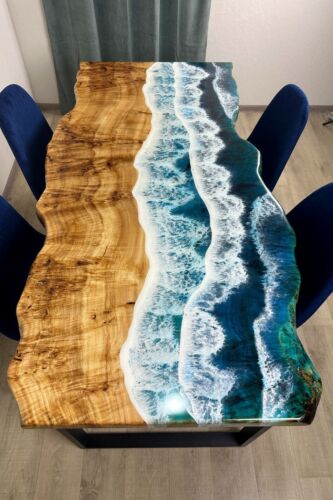 Handmade Ocean Epoxy Resin Table | Live Edge Dining Table | Sea Style Resin Art - Picture 2 of 14