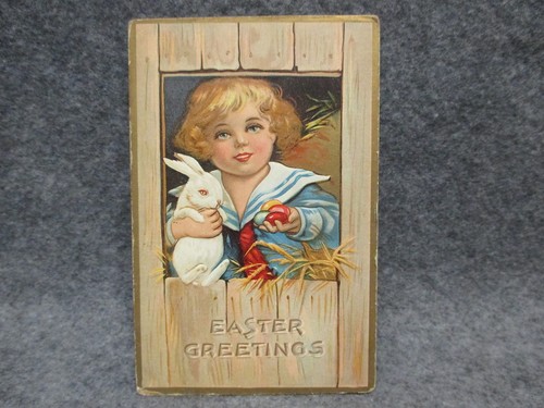 Easter Greetings Postcard Girl w/ Rabbit & Colored Eggs 1910 Lafayette Postmark - Picture 1 of 2