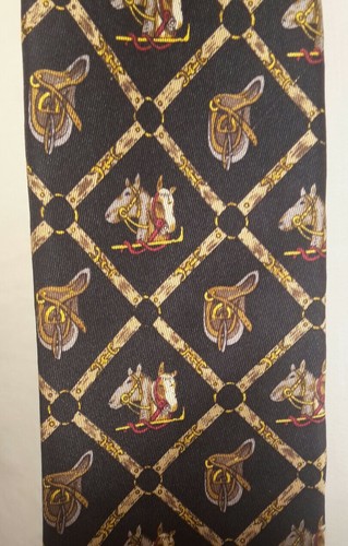 ALYNN NECKWEAR novelty HORSE & SADDLE motif 100% SILK TIE Broad 3.5/8", 61"L - Picture 2 of 5