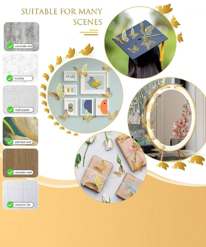 12pcs 3D Butterfly Stickers - Gold Wall Decor for Party, Gift, Room Decoration - Picture 5 of 6
