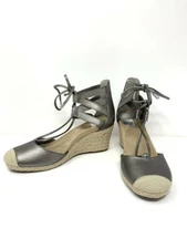 Vionic Wedge Sandals Espadrilles~Calypso~Lace Up Platinum Metallic~Silver 6 NEW