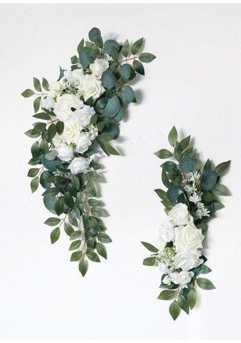 Elegant White Rose and Eucalyptus Wedding Arch Decor - Set of 2 - Picture 3 of 10