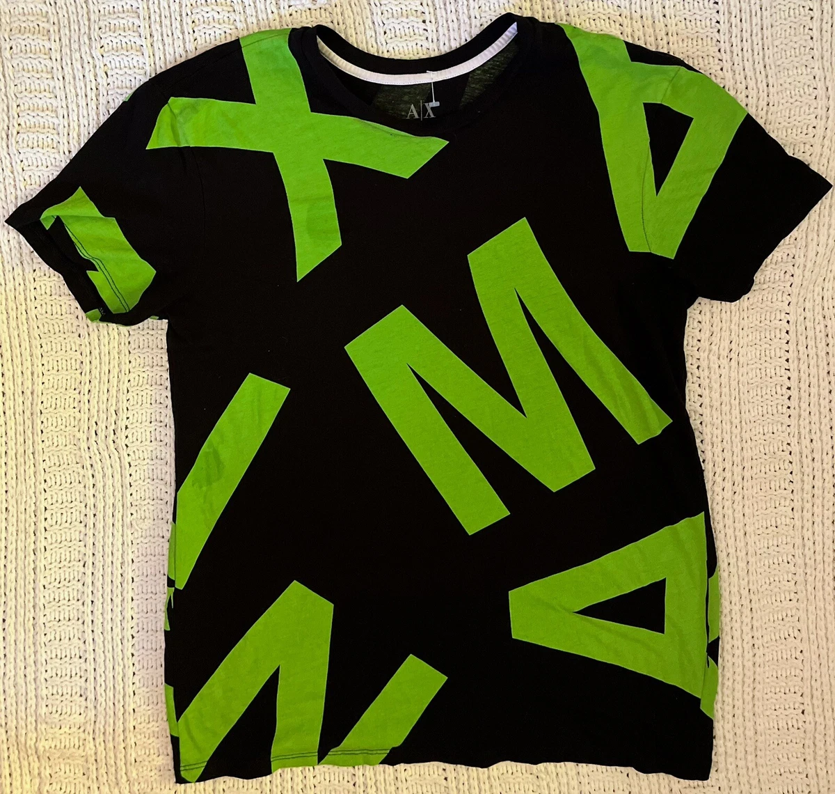 Armani Exchange Green Lettering Scattered Spells Logo Black Tee T shirt M