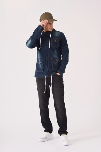 JMOJO Mens Denim Hooded Jacket Warm Trucker Durable Hoodie Winter Sleeves Coat - Picture 25 of 33