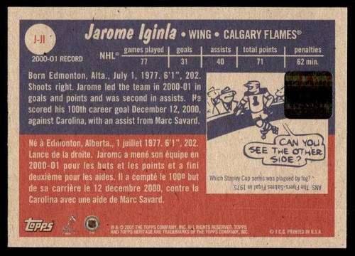 2001-02 Topps Heritage Jerseys Jarome Iginla Calgary Flames #J-JI - Picture 2 of 2