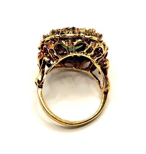 Green Zircon, Diamond Halo & Enamel Scroll Fleur-de-Lis 14k Gold Cocktail Ring - Picture 13 of 16