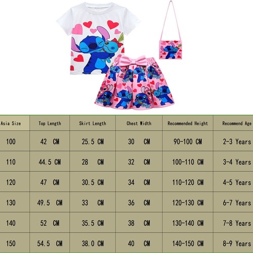 Girls Lilo&Stitch Cartoon Short Dress T-Shirt Bag 3 Pcs Skorts Outfit Skirt Set - Picture 14 of 14