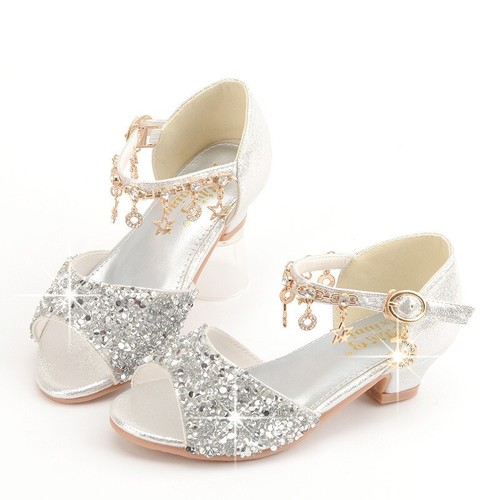 GIRLS DIAMANTE SHOES WEDDING PARTY BRIDESMAID LOW HEEL MARY JANE EVENING SANDALS - Picture 24 of 42