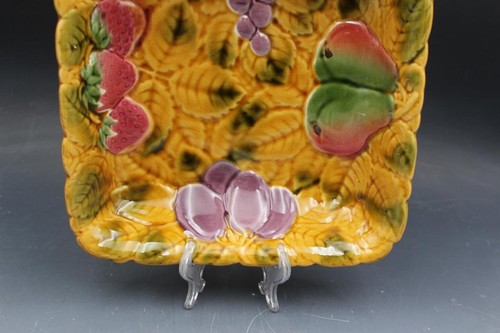 Vintage French Majolica Square Fruit Bowl w Grapes Pears Plum Strawberry 9" 5107 - Picture 3 of 6
