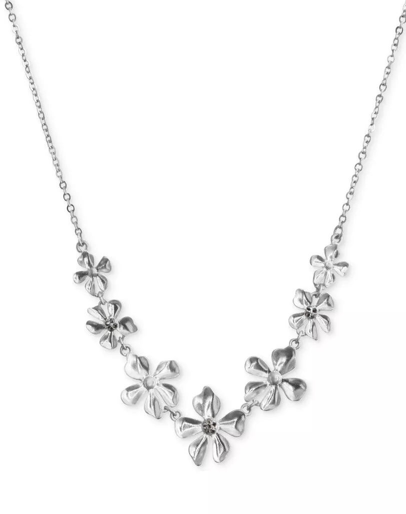 39 Lucky Brand Silver Tone Pave Flower Necklace P32