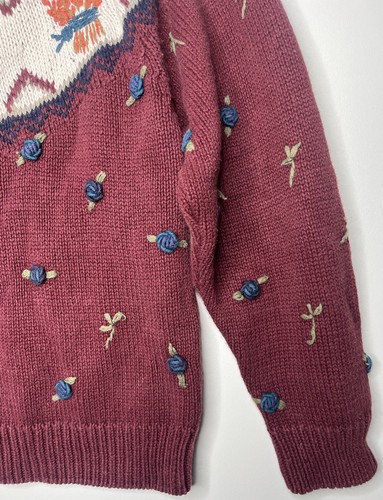 Van Heusen Hand Knitted For Her Floral Sweater Burgundy Size Small Vintage - Picture 13 of 21