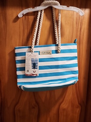 Porto Vino Wine Bag Teal and White Stripes Refillable Insert Hidden Spout NWT