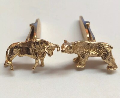 14K Yellow Gold 3D Fin Bull & Bear Stock Market Figures Great Detail CuffLinks