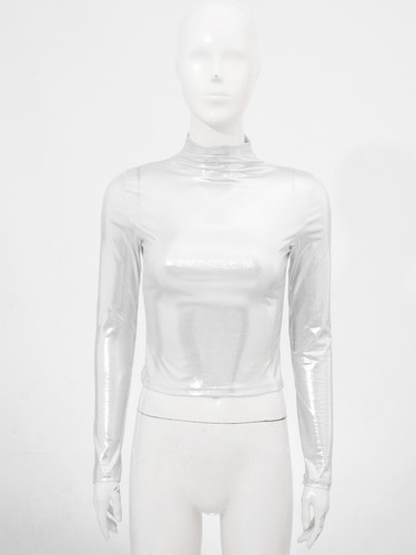 T-shirt donna crop top liquido metallizzato manica lunga lucida party clubwear - Foto 8 di 31