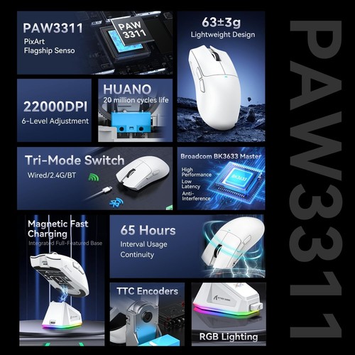 ATTACK SHARK X11 BT/2.4G mouse da gioco wireless/cablato PixArt PAW3311 sensore di gioco - Foto 6 di 57