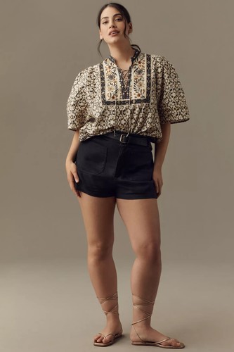 NUEVA Blusa By Anthropologie Plisada Manga Abullonada Algodón XS Negra Nueva con Etiquetas - Imagen 7 de 11