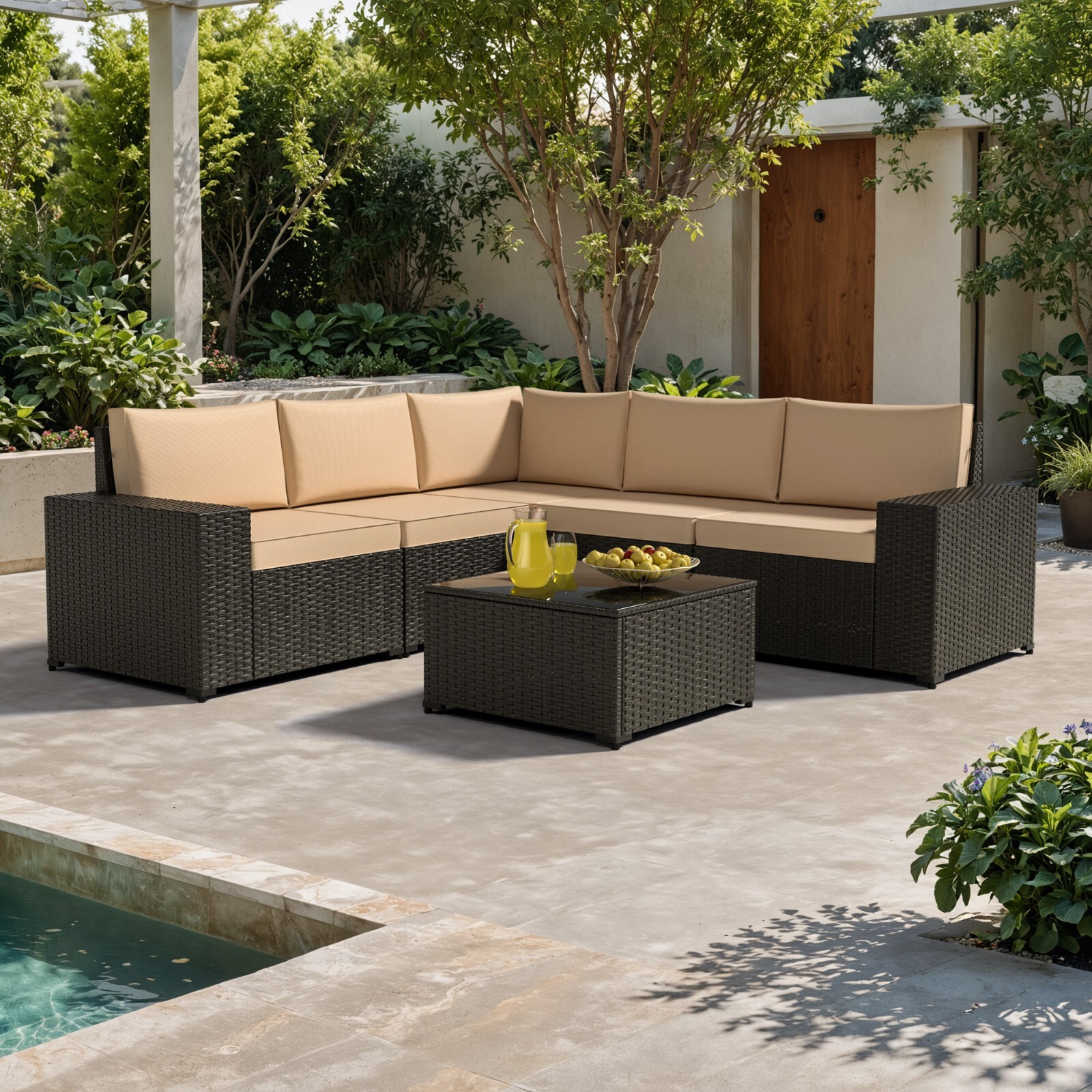 6 Pieces Outdoor Patio Furniture Set, Rattan Patio Sectional Sofa Conversation