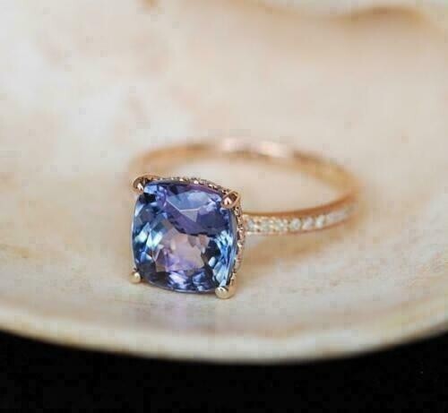 3Ct Cushion Cut Blue Tanzanite Solitaire Engagement Ring 14k Yellow Gold Finish