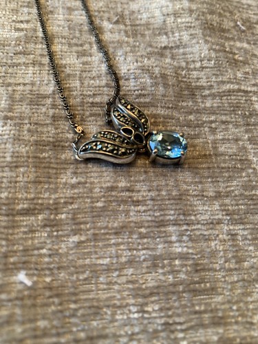 Sterling silver blue topaz and Marcasite Pendant Necklace VTG - Picture 3 of 8
