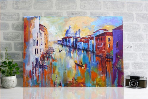 Quadro Acrilico Colorato Riproduzione di Venezia Tela Wall Art Pronto da Appendere - Foto 2 di 7