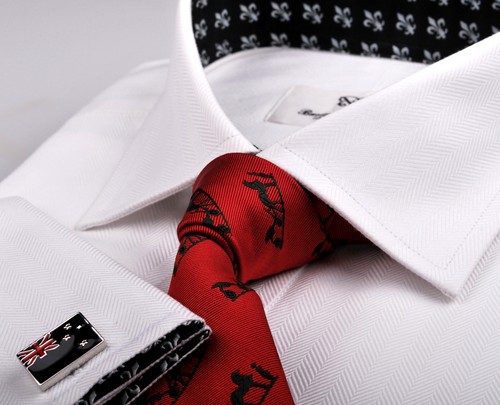 White Herringbone Twill Formal Business Dress Shirt Fleur-De-Lis Italian GQ Boss - Picture 10 of 12