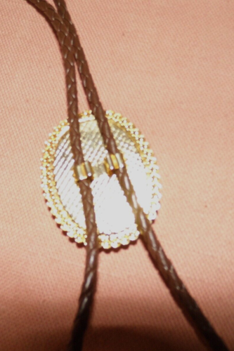 Bolo Tie Black Silver Stone Agate Gold/Black Leather w/Gold Tips/Trim Oval - Picture 5 of 5