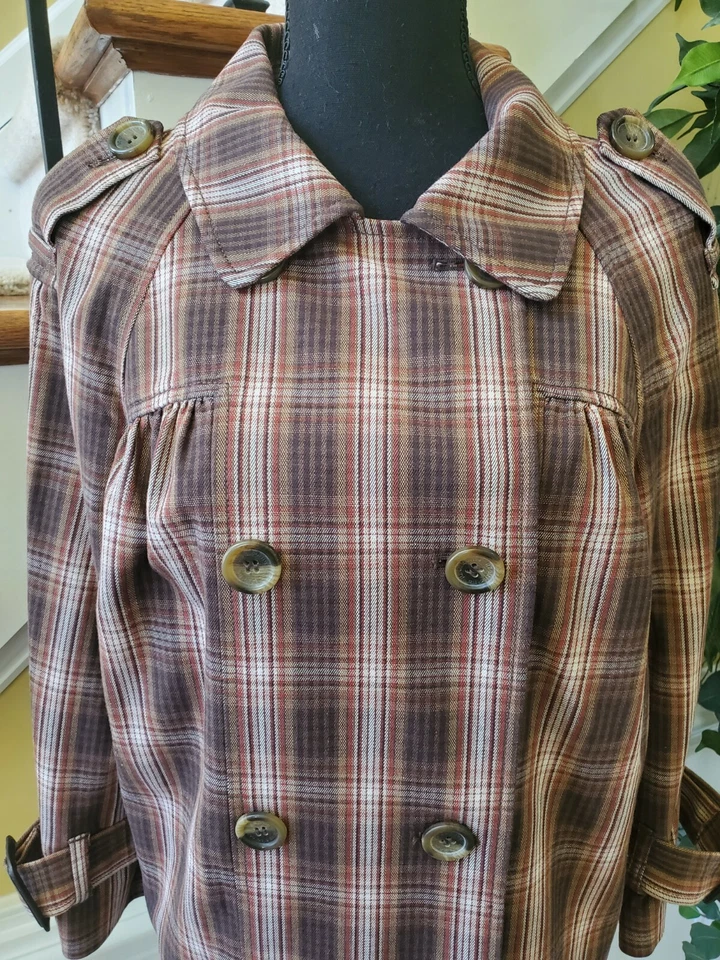 Liz Claiborne 棕色格子编织双排扣作物 3/4 袖夹克小号 M — 第 2/4 张图片