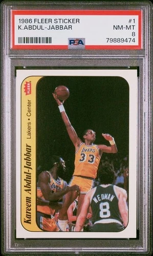 1986-87 Fleer Kareem Abdul-Jabbar Sticker Card #1 - PSA 8 - NrMt-Mt