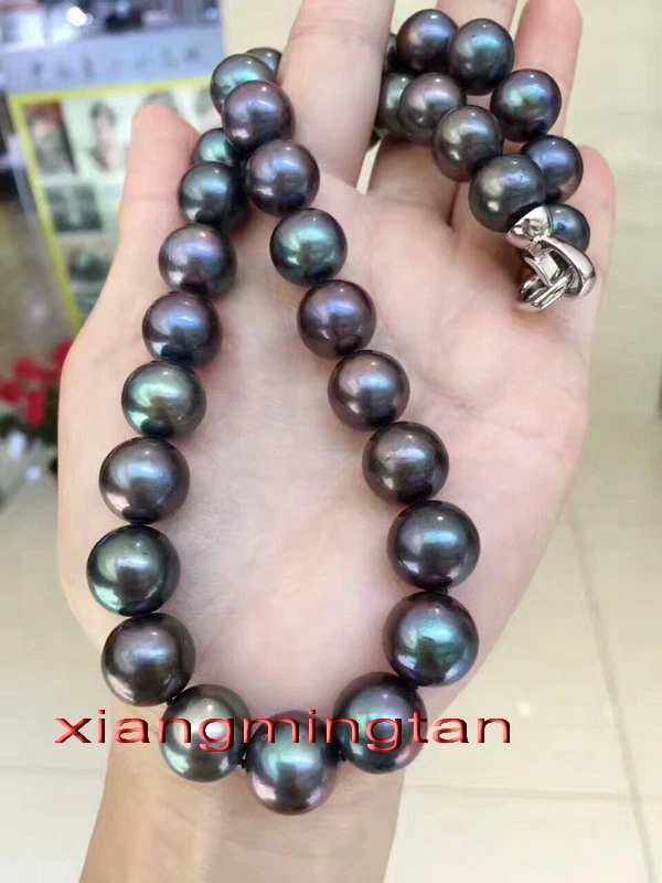 AAAAA 19"13-15mm REAL Tahití Multicolor Azul Rojo Negro Perla Collar Oro 14K Foto 3 de 4