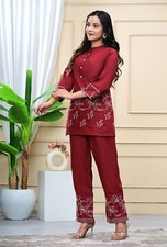 Women  s Maroon Embroidered Kurta Pant Set  Stylish Ethnic Co-Ord Suit NF-51 