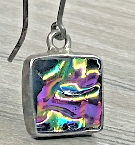 Sterling 925 Dichroic Art Glass Crinkle Rainbow Square Dangle Hook Earrings VTG - Picture 5 of 10