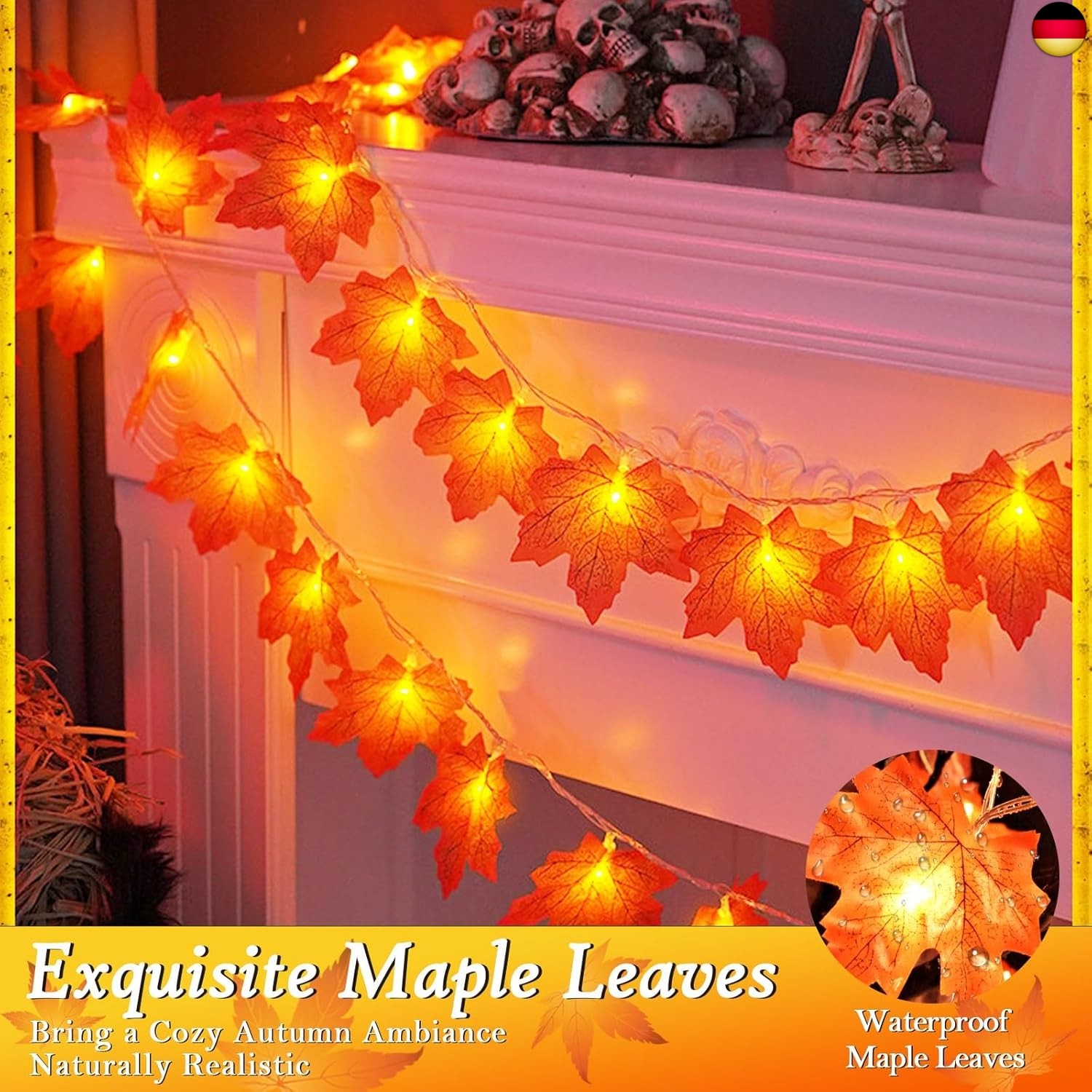 cshare Herbst Lichterkette Batterie, 3M 20LED Halloween Deko Herbst Ahornblatt