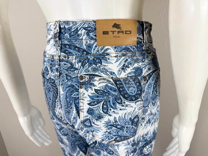 ETRO Milano Pants Jeans 5-Pocket Blue/White Paisley Print - Size 31 - NTSF