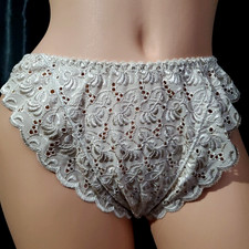 80' DELICATES Bikini Panty ANGEL RUFFLE EYELET Beige Lace Hi-Cut LARGE